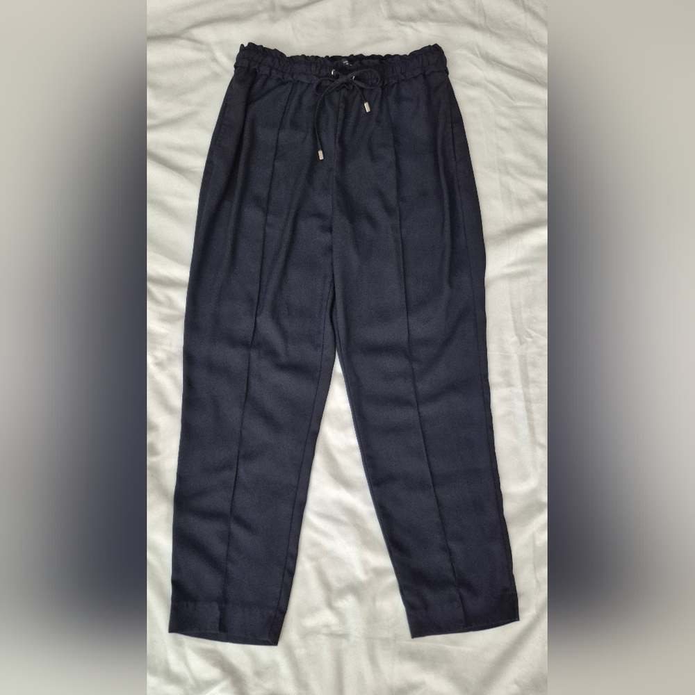 Zara Women's M Black High Rise Elastic Tie Waist Straight Leg Dress Pants EUC